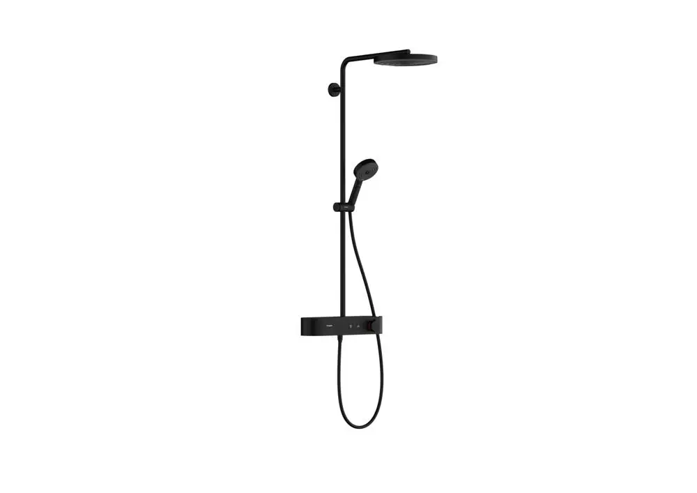 Duscheinheit in mattschwarz mit fest montierter Kopfbrause und Handbrause. Steuerung durch ein Bedienfeld. Produkte von Hansgrohe erkennbar.